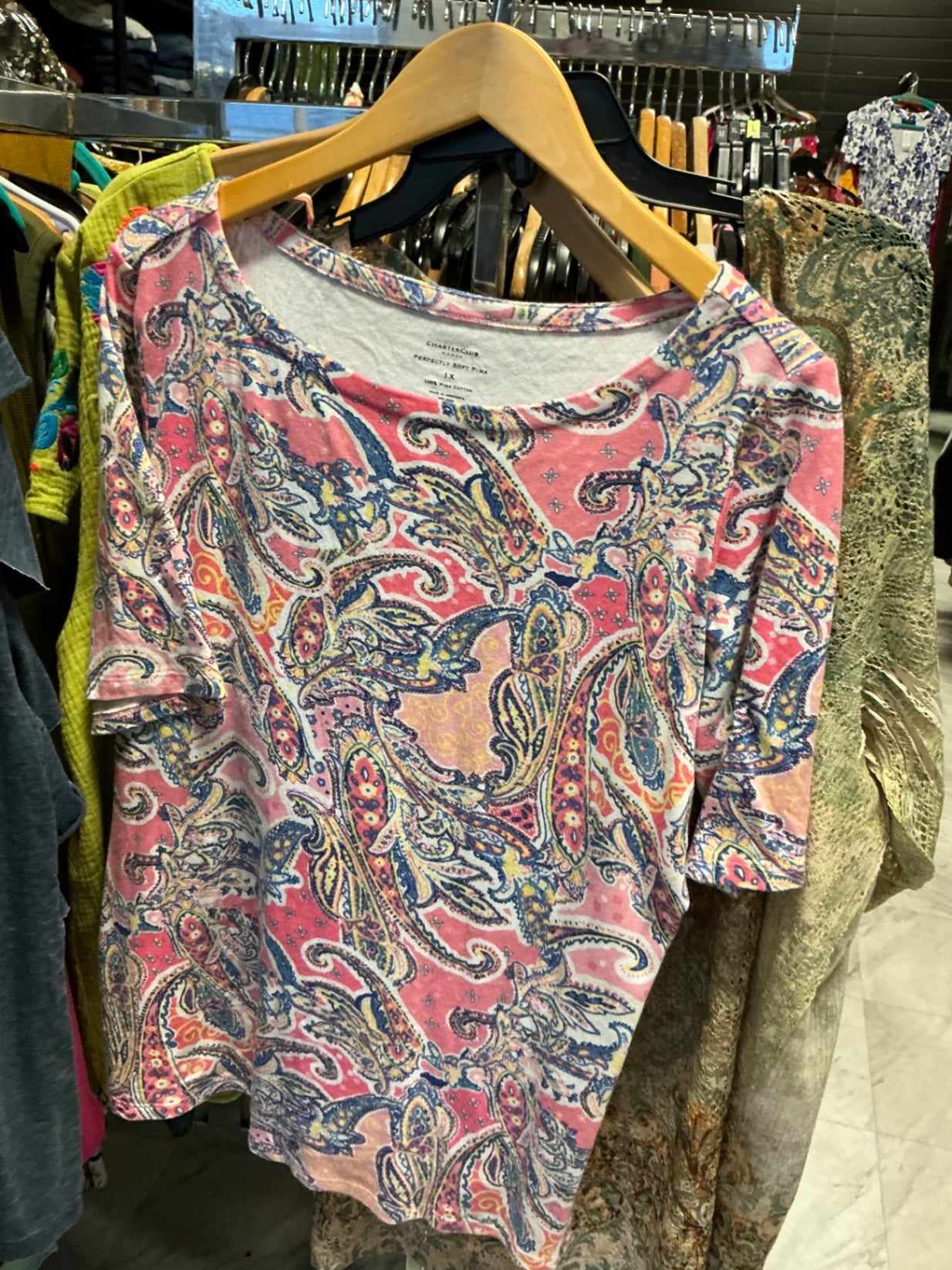 Charter Club T-Shirt 1X Pink Paisley