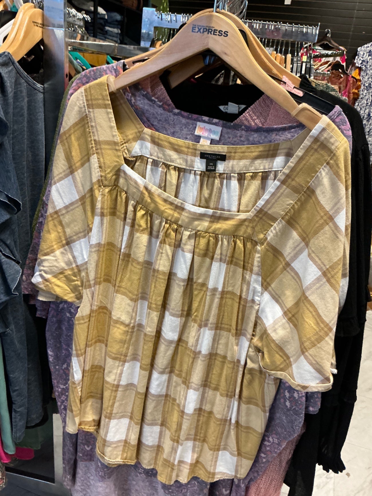 Ann Taylor Blouse XXL Khaki and White Plaid