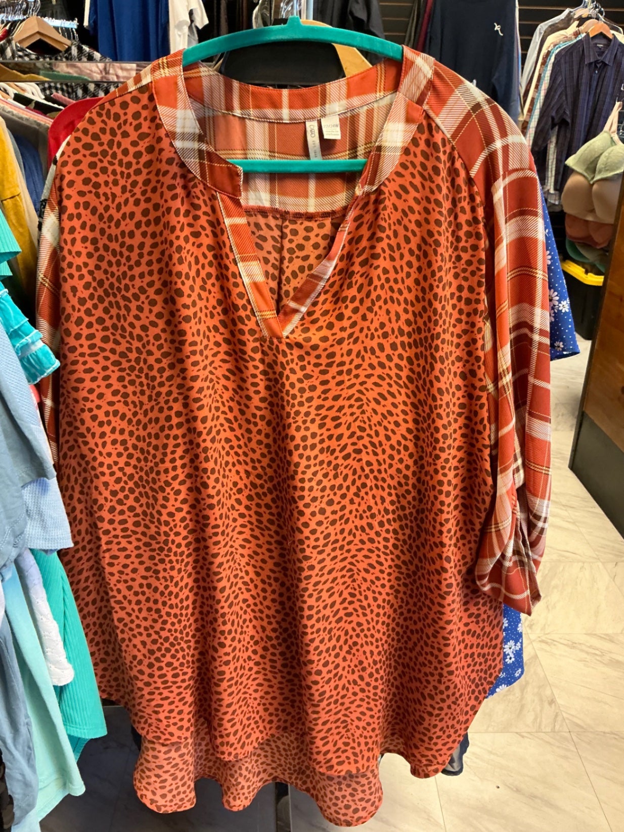 Cato Blouse 22/24 Orange with plaid and leopard print