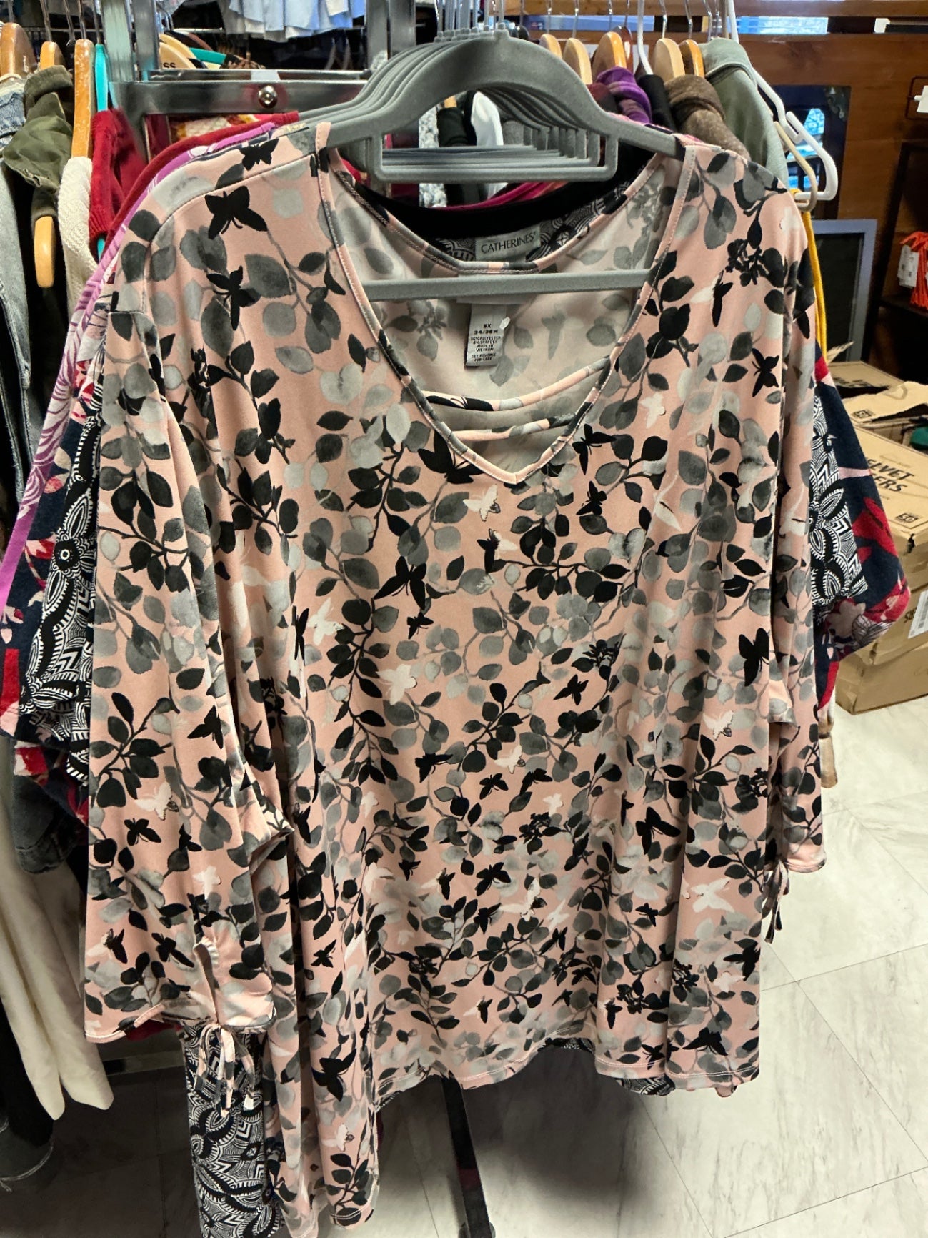 Catherines Tunic Top 5X Pink with Black Floral Print