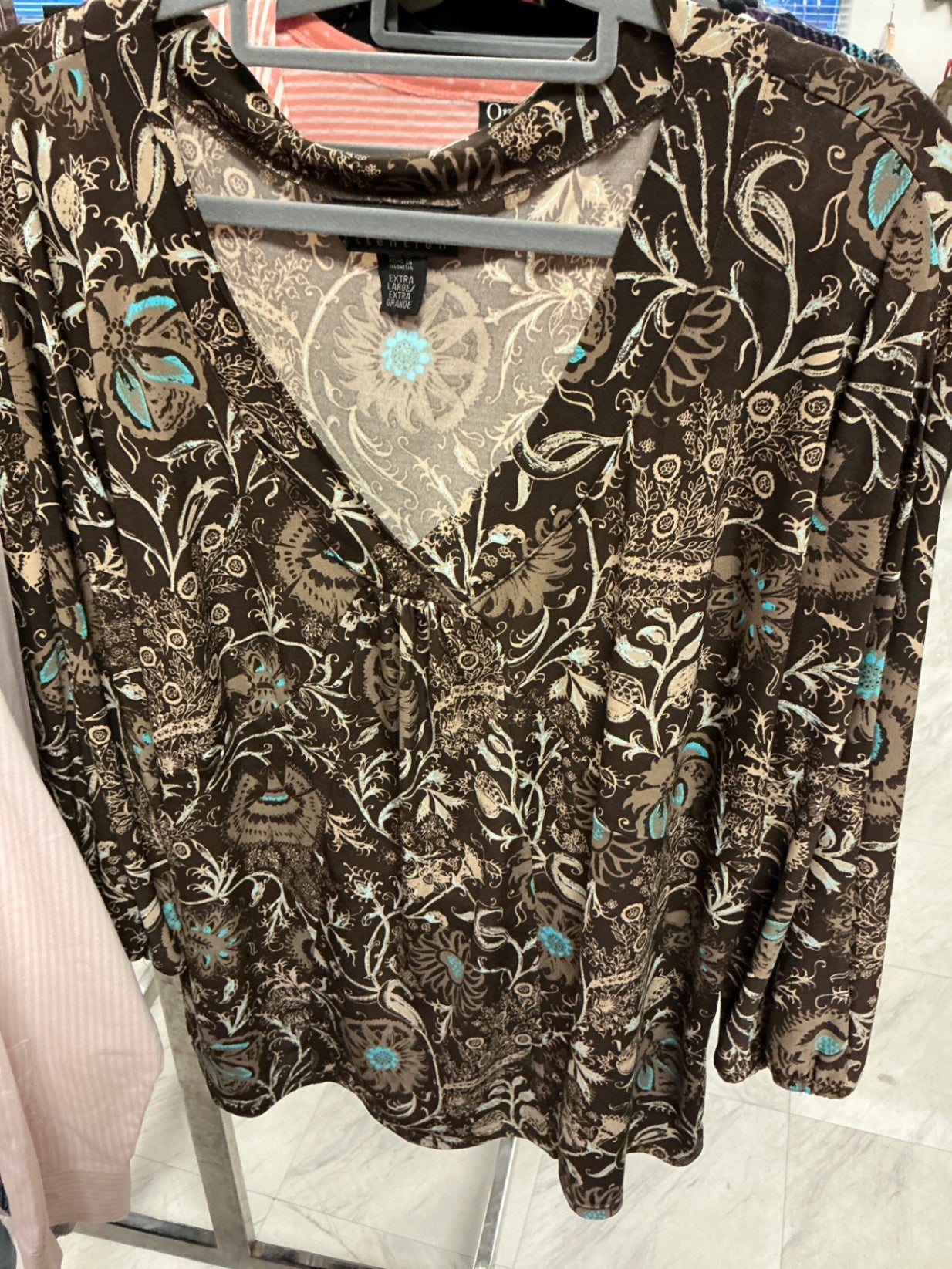 Attention Blouse XL Brown with blue floral pattern