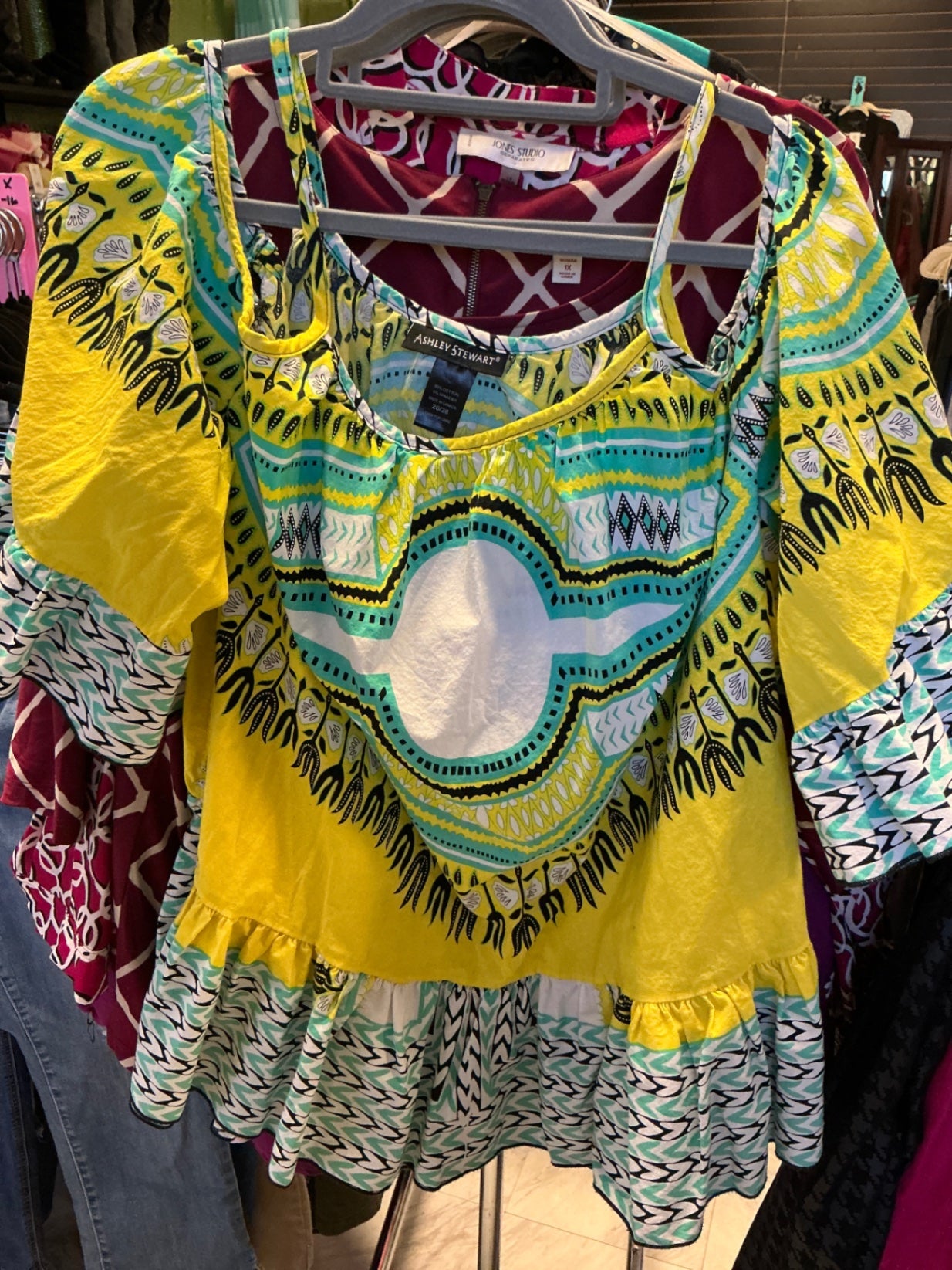 Ashley Stewart Blouse 26/28 Yellow, Blue, Green, White