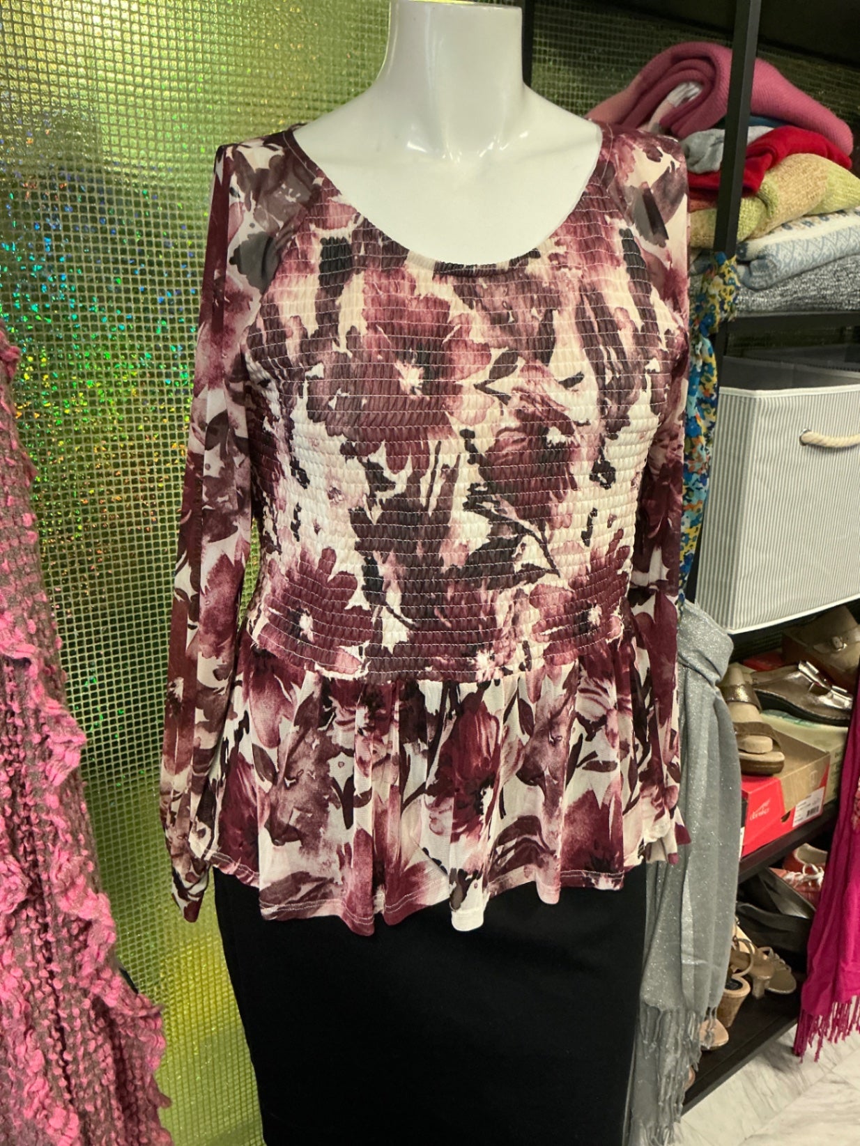 A Love Story Blouse - Maroon, cream and black floral pattern - 1X