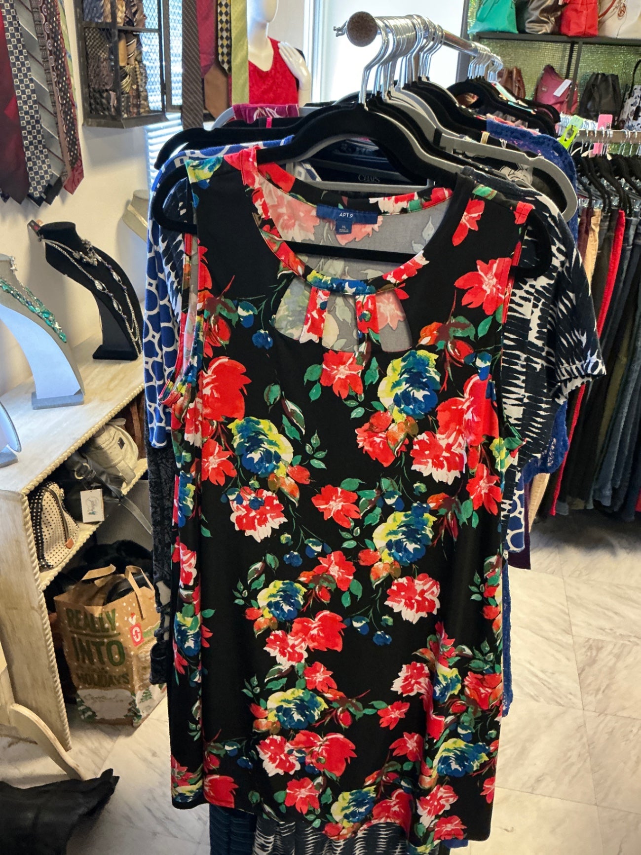 APT 9 Dress - Black with red, blue, green, yellow, and white floral pattern - XL