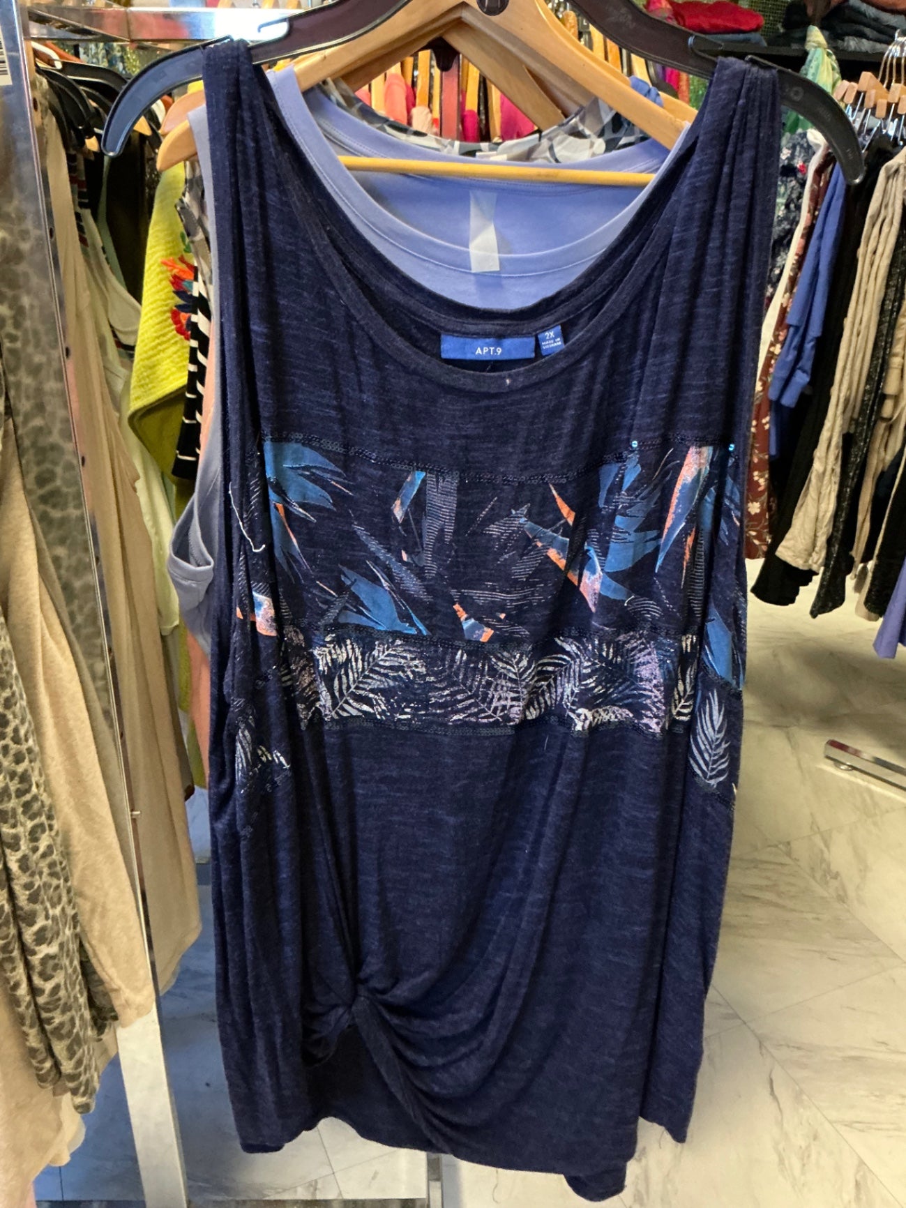 Apt 9 Tank Top 2X Navy Blue Tropical Leaves