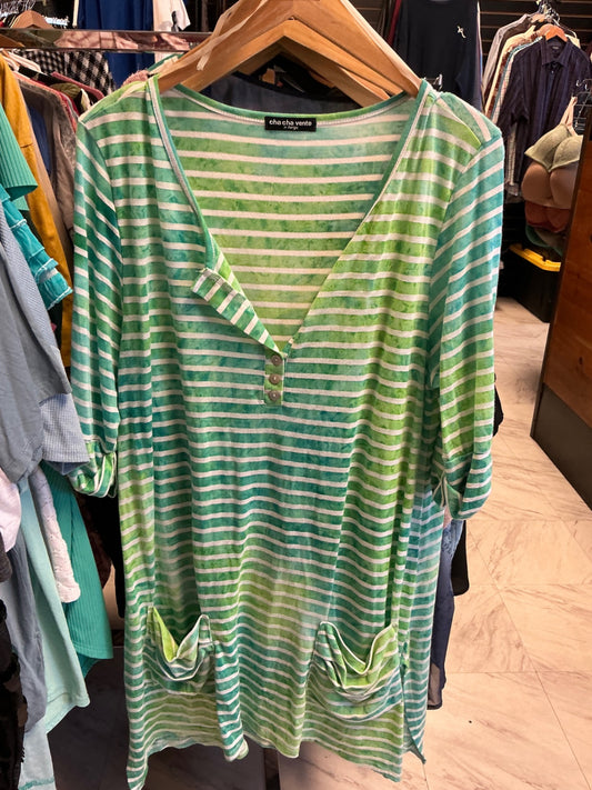 Cha Cha Vente Tunic XL Green and White Stripes