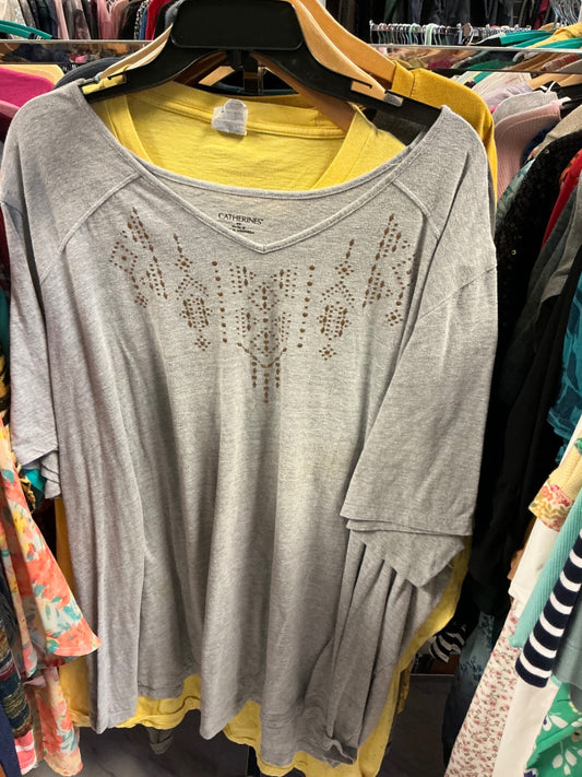 Catherines V Neck T-Shirt 4X Gray w/ Gold Embellishment