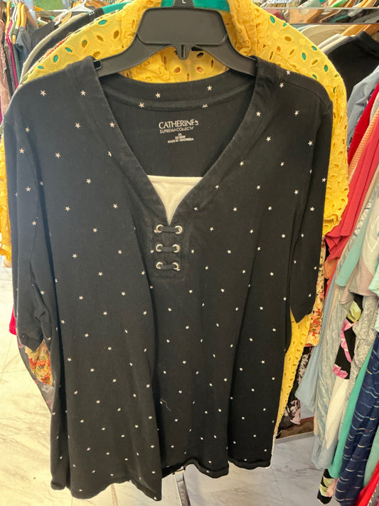 Catherine's Layered Blouse 3X Black with white star pattern
