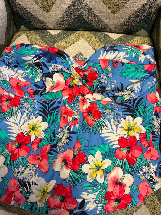 Catalina Strapless Tankini 2X Blue with Floral Print