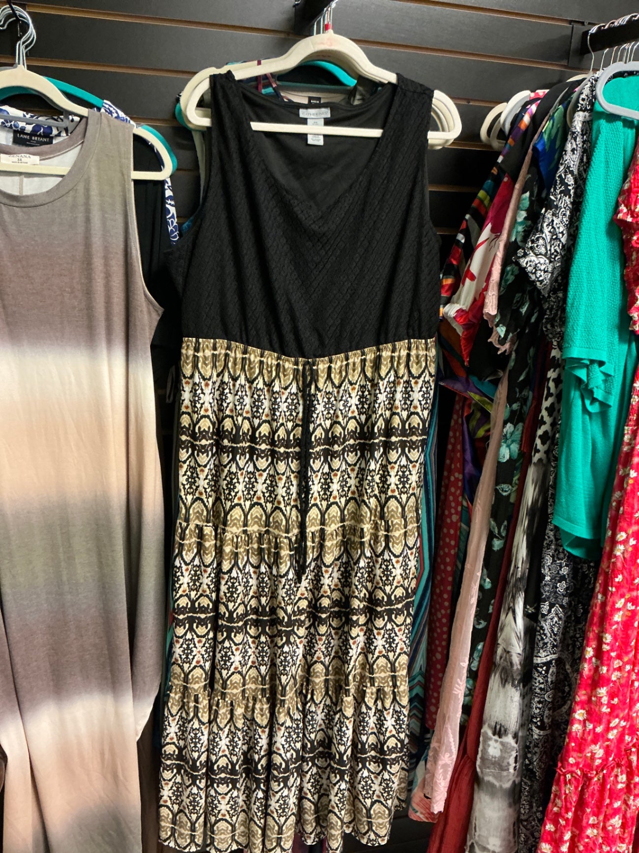Catherine’s Sleeveless Maxi Dress 3X Black and Patterned Gold