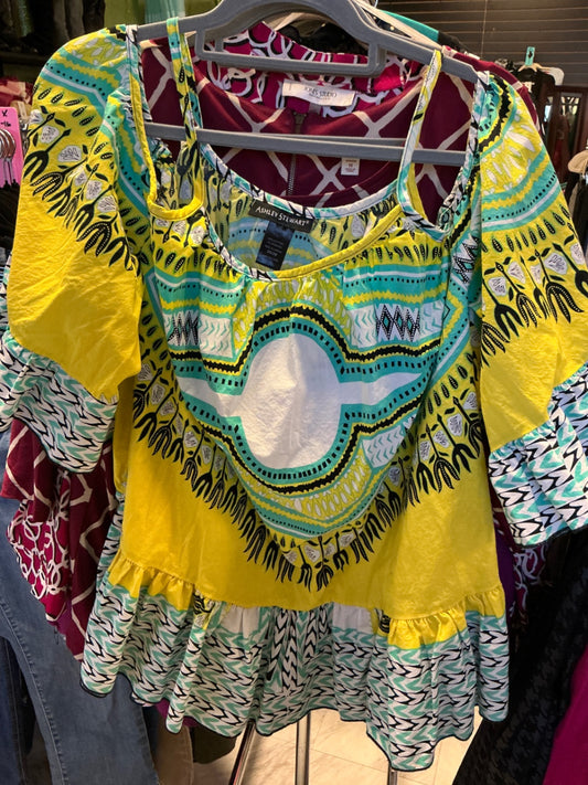 Ashley Stewart Blouse 26/28 Yellow, Blue, Green, White