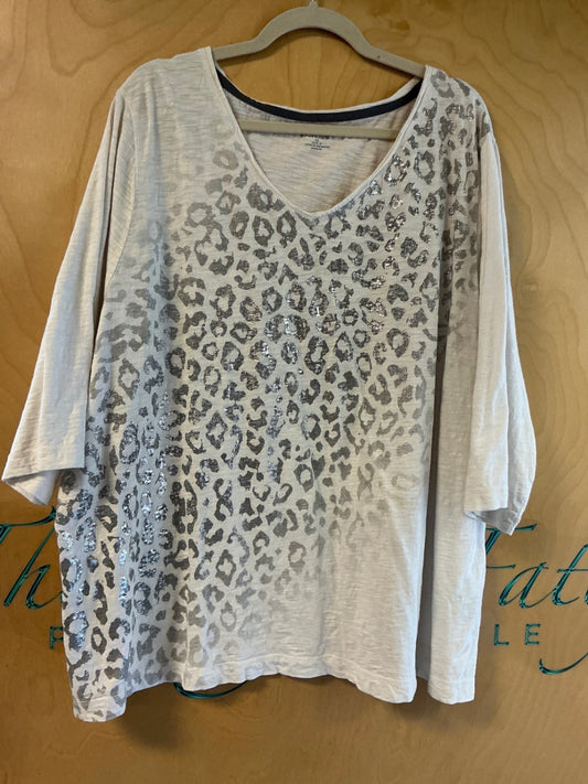 Catherine’s Blouse - White with metallic silver leopard print - 2X