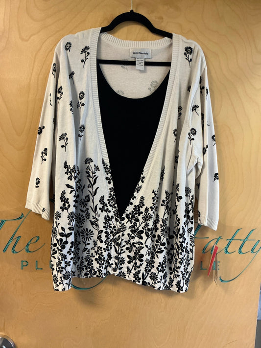 C.D. Daniels Cardigan w/ Built-in Tank - Cream with black floral pattern - 3X NWT