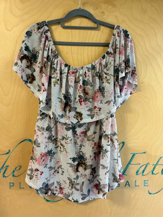 Blouse - Beige with pink, brown, and green floral pattern - XL