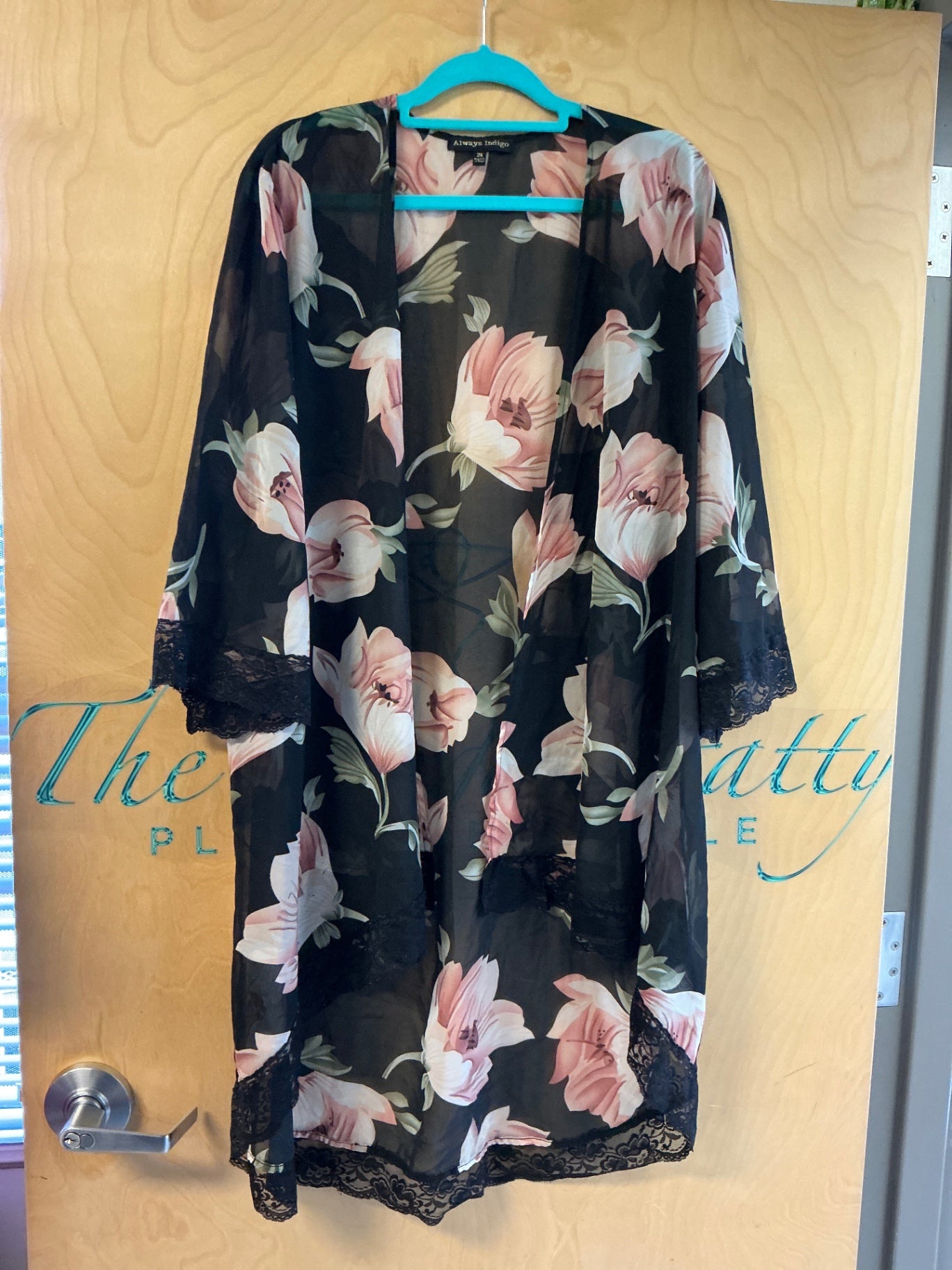 Always Indigo Kimono - Black with pink and white floral patterns - 2X