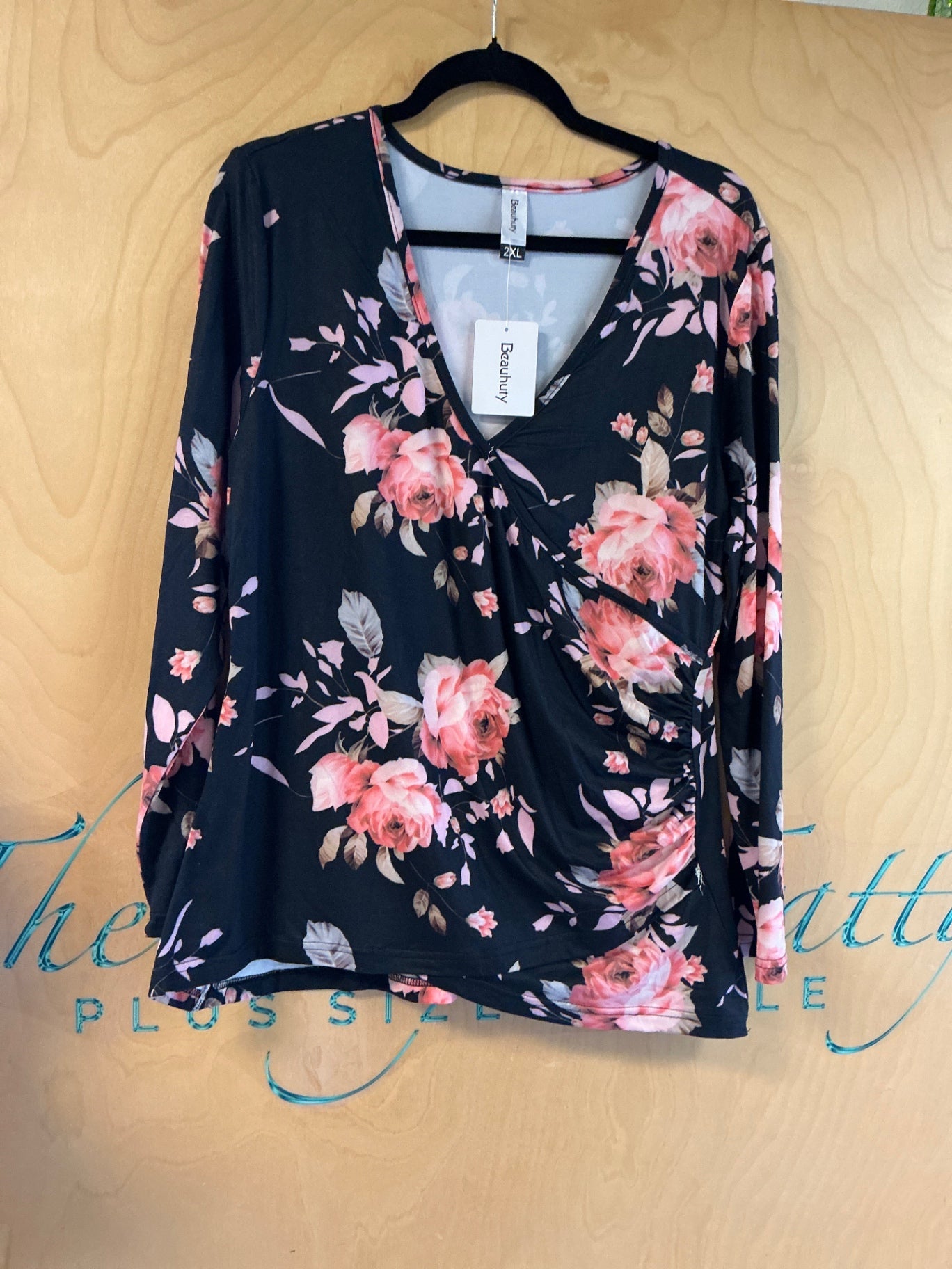 Beauhuty Blouse - Black with pink and beige floral pattern - 2XL NWT