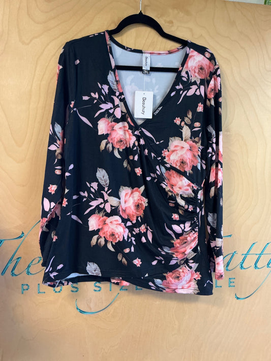 Beauhuty Blouse - Black with pink and beige floral pattern - 2XL NWT