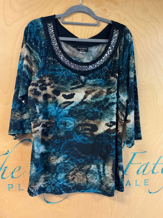 Brittany Black Blouse - Blue, Black, Beige - 2X